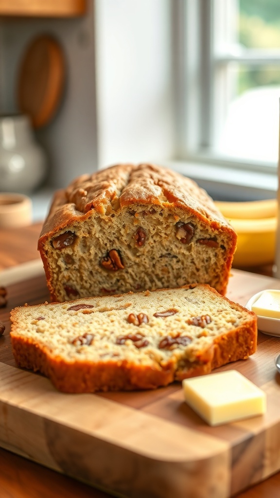 A loaf of banana bread sliced, showing its moist texture, on a wooden board with butter.
